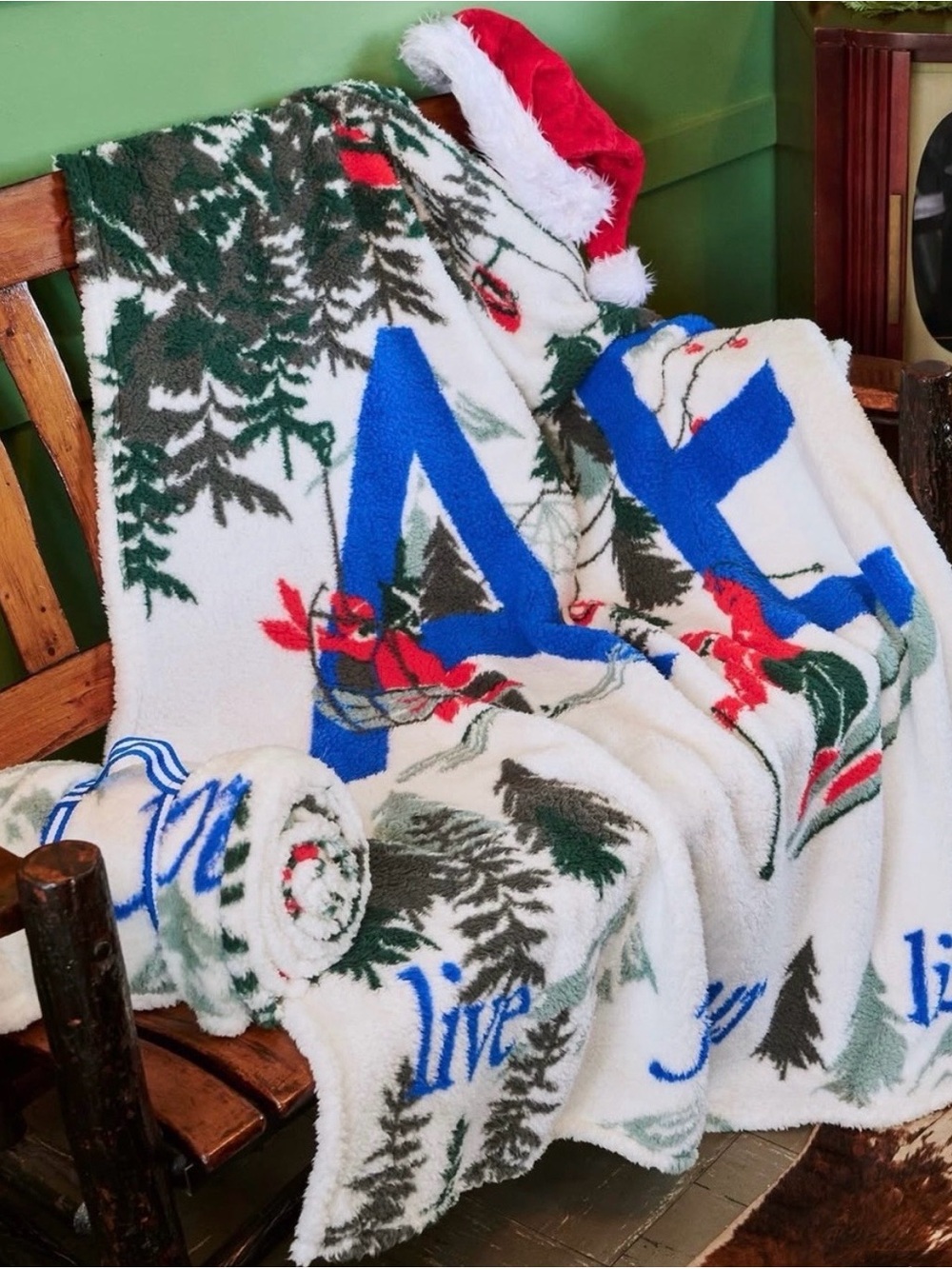 American Eagle Outfitters Holiday Plush Throw in White, Blue, Green & Red
